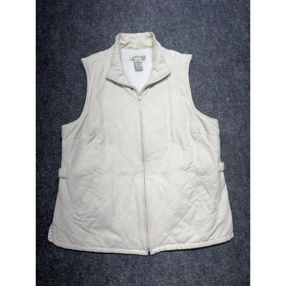 Orvis Womens Small Cream Quilted Vest Full Zip Side Tabs Heritage Preppy